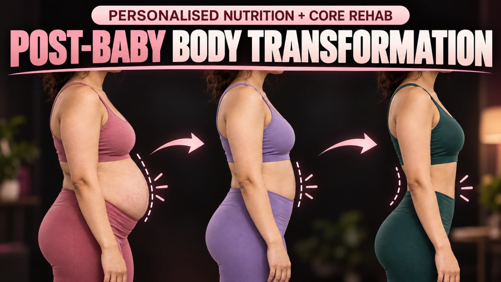 One mother shown across four stages of postpartum recovery — diastasis recti, core, mummy tummy and pelvic floor.